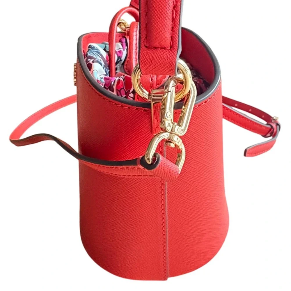 $328 TORY‎ BURCH Emerson Mini Bucket Bag Coral Leather Floral Insert Crossbody